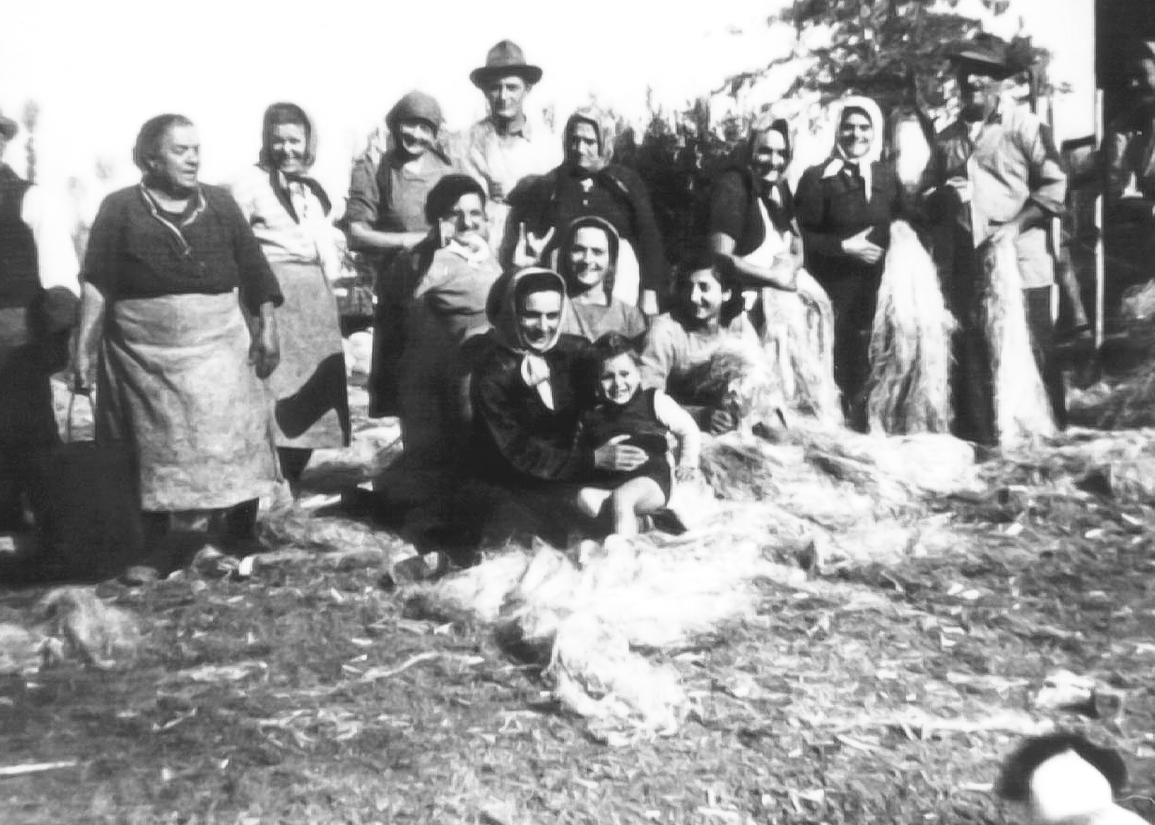 Foto di gruppo durante la gramolatura della canapa